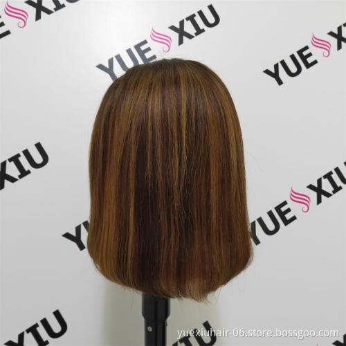 Short Bob Highlight 4/27 Color Human Hair Natural Lace Front Wigs Brown Ombre Remy Hair Pre-Plucked Swiss Lace Highlight Bob Wig